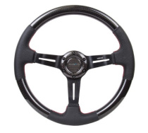 NRG Sportratt Kolfiber med Svart Centrum / Lädergrepp Röda Sömmar 350mm (1.5'' Djup)